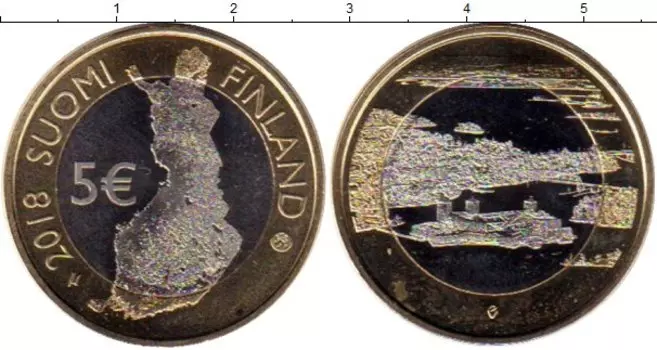 Монета 5 евро Финляндии 2018 года Биметалл Финские национальные ландшафты, Замок Олафсборг и озеро Пихлайавеси