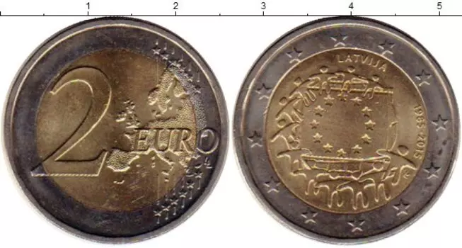Монета 2 евро Латвии 2015 года Биметалл