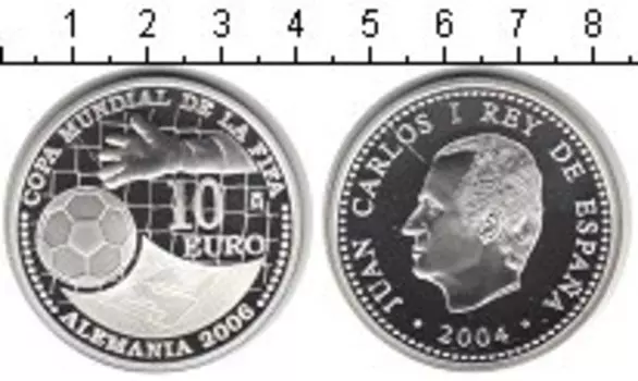 Монета 10 евро Испании 2004 года Серебро Чемпионат мира по футболу 2006 в Германии