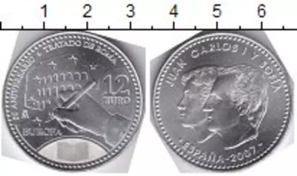 Монета 12 евро Испании 2007 года Серебро Карлос I и София