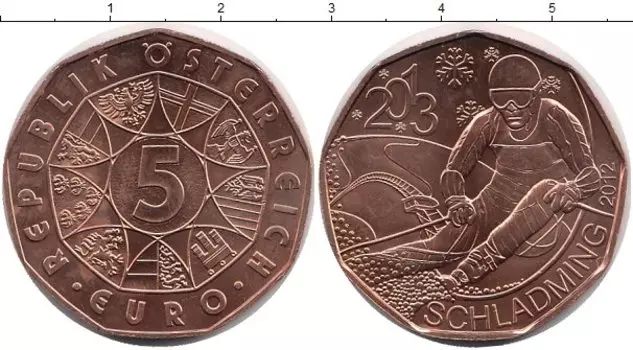 Монета 5 евро Австрии 2013 года Медь Шладминг Горнолыжник