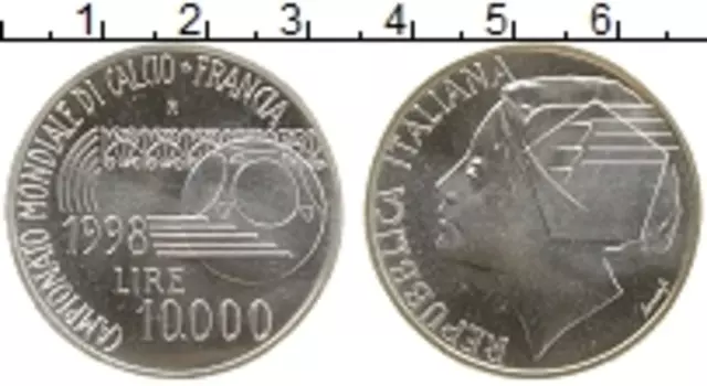 Монета 10000 лир Италии 1998 года Серебро Чемпионат мира по футболу 98