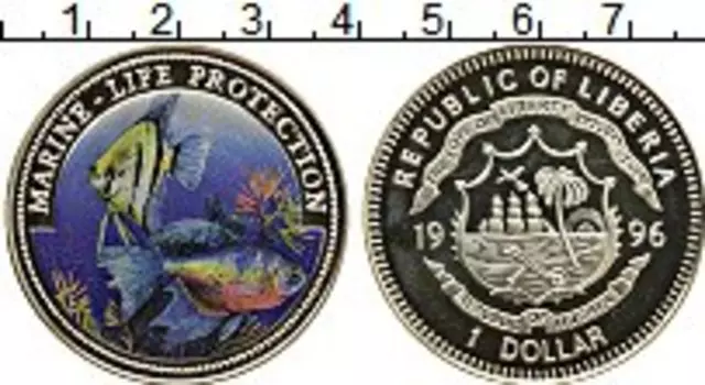 Монета доллар Либерии 1996 года Медно-никель Защита морских обитателей