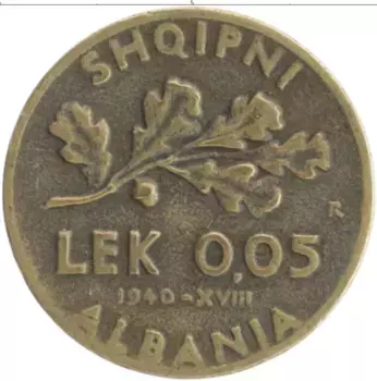 Монета 0,05 лек Албании 1940 года Бронза Витторио Имануил III