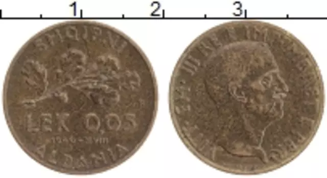 Монета 0,05 лек Албании 1940 года Латунь Виктор Эммануил III