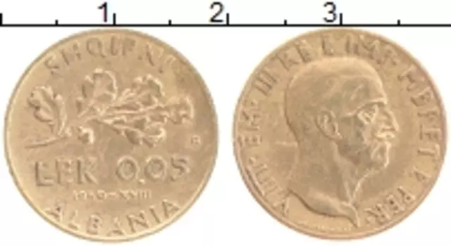 Монета 0,05 лек Албании 1940 года Латунь Виктор Эммануил III