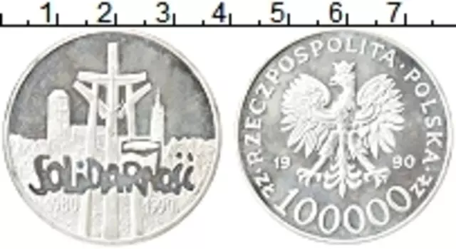 Монета 100000 злотых Польши 1990 года Серебро 10 лет независимому профсоюзу Солидарность
