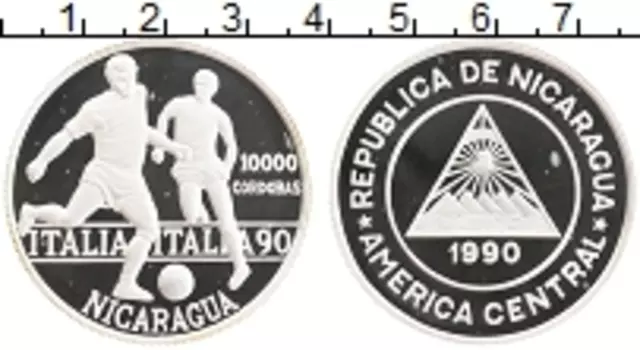 Монета 10000 кордобас Никарагуа 1990 года Серебро Чемпионат Мира по футболу