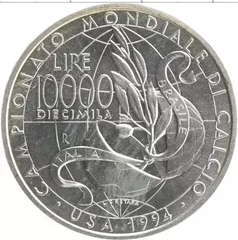 Монета 10000 лир Италии 1994 года Серебро Чемпионат мира по футболу в США
