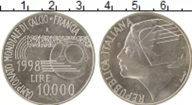Монета 10000 лир Италии 1998 года Серебро Чемпионат мира по футболу во Франции