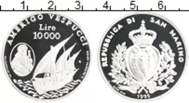 Монета 10000 лир Сан-Марино 1995 года Серебро Парусник Америго Веспуччи