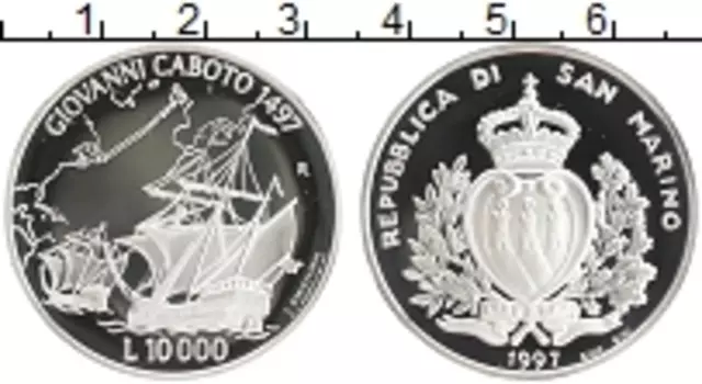 Монета 10000 лир Сан-Марино 1997 года Серебро 500 лет экспедиции Джона Кабота к берегам Северной Америки
