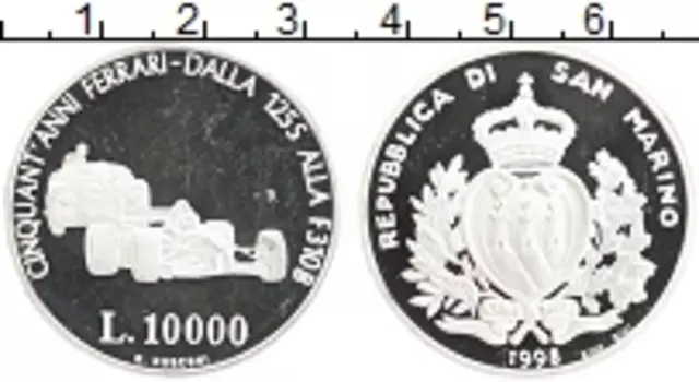 Монета 10000 лир Сан-Марино 1998 года Серебро 50 лет Феррари