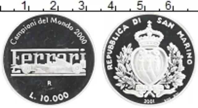 Монета 10000 лир Сан-Марино 2001 года Серебро Феррари-победитель Формулы 1 2000 года