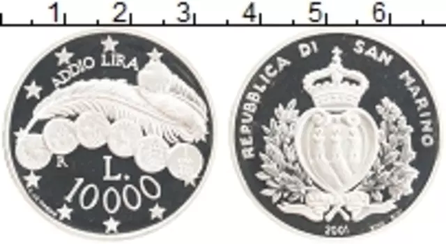 Монета 10000 лир Сан-Марино 2001 года Серебро Последний выпуск лиры и переход на евро