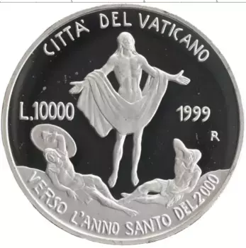 Монета 10000 лир Ватикана 1999 года Серебро Иоанн Павел II