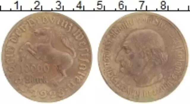 Монета 10000 марок Вестфалии 1923 года Бронза Министр фон Штейн