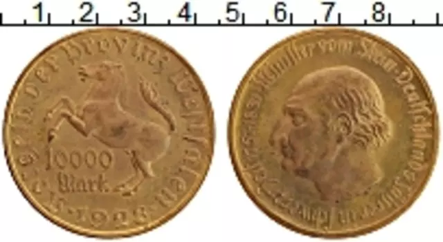 Монета 10000 марок Вестфалии 1923 года Латунь Министр фон Штейн