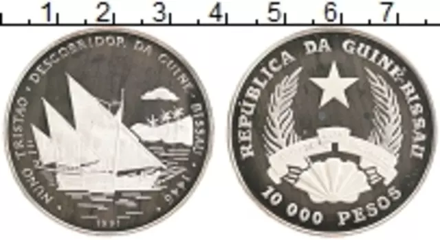 Монета 10000 песо Гвинеи-Бисау 1991 года Серебро 200 лет Трафальгарскому сражению