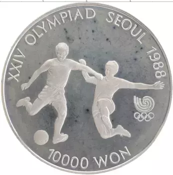 Монета 10000 вон Южной Кореи 1988 года Серебро XXIV летние Олимпийские Игры, Сеул 1988 - Футбол