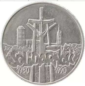 Монета 10000 злотых Польши 1990 года Медно-никель 10 лет независимому профсоюзу Солидарность