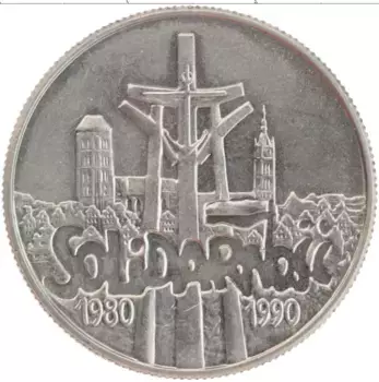 Монета 10000 злотых Польши 1990 года Медно-никель 10 лет независимому профсоюзу Солидарность