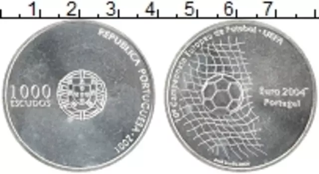 Монета 1000 эскудо Португалии 2001 года Серебро Чемпионат Европы по футболу в Португалии 2004