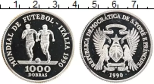 Монета 1000 добрас Сан-Томе и Принсипи 1990 года Серебро Чемпионат Европы по футболу в Италии