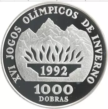 Монета 1000 добрас Сан-Томе и Принсипи 1990 года Серебро XVI зимние Олимпийские Игры, Альбервиль 1992