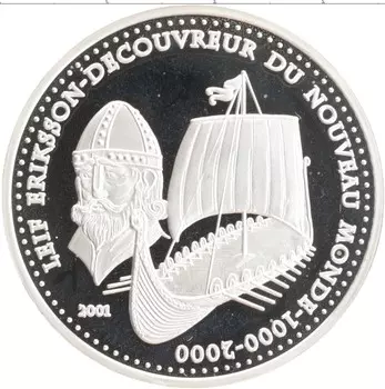 Монета 1000 франков Бенина 2001 года Серебро Лейф Эрикссон