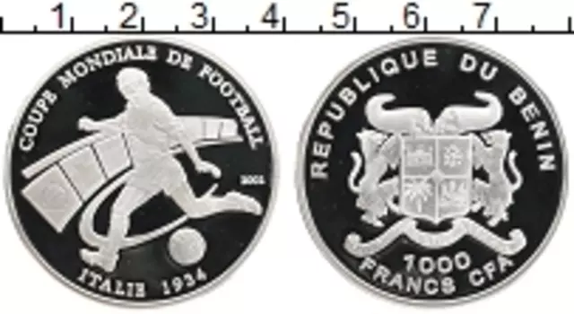 Монета 1000 франков Бенина 2002 года Серебро Чемпионат мира по футболу Италия 1934