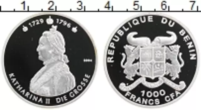 Монета 1000 франков Бенина 2004 года Серебро Екатерина II Великая