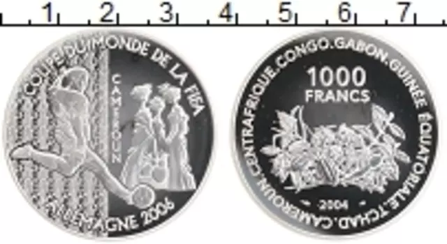 Монета 1000 франков Центральной Африки 2004 года Серебро Чемпионат мира по футболу Германия-2006