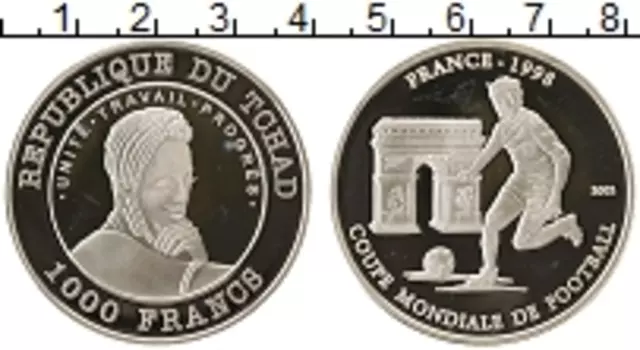 Монета 1000 франков Чада 2002 года Серебро Чемпионат Мира по футболу