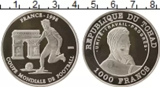 Монета 1000 франков Чада 2002 года Серебро Чемпионат Мира по футболу