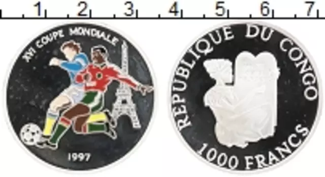 Монета 1000 франков Конго 1997 года Серебро Чемпионат Мира по футболу