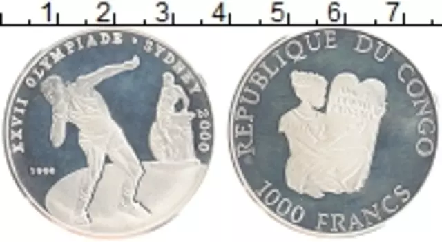 Монета 1000 франков Конго 1999 года Серебро Олимпийские игры в Сиднее 2000