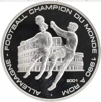 Монета 1000 франков Конго 2001 года Серебро Чемпионат мира по футболу 1990