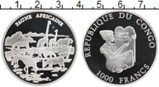 Монета 1000 франков Конго 2002 года Серебро Фауна Африки