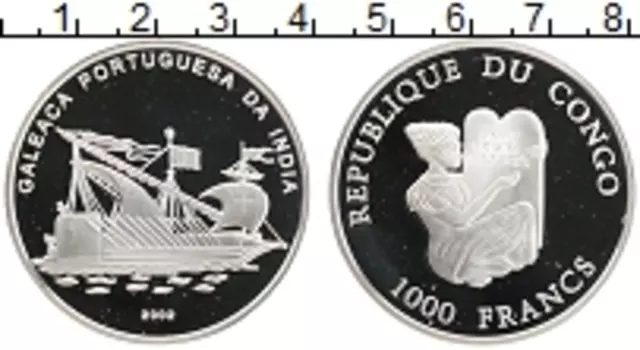 Монета 1000 франков Конго 2002 года Серебро Корабль