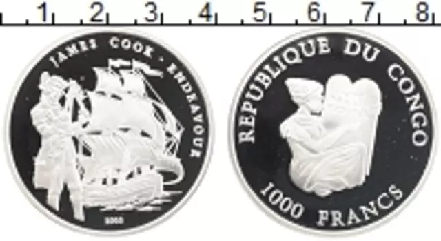 Монета 1000 франков Конго 2003 года Серебро Джеймс Кук