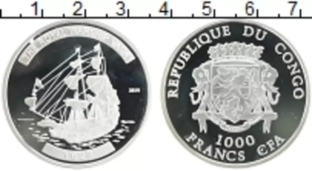 Монета 1000 франков Конго 2010 года Серебро Королевский фрегат