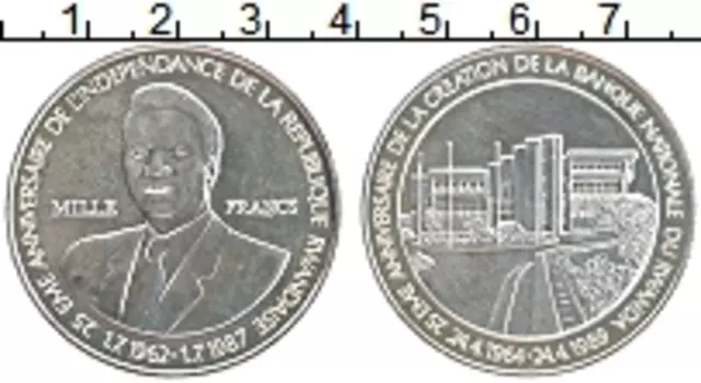 Монета 1000 франков Руанды 1989 года Серебро 25-летие Национального Банка