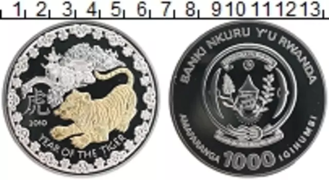 Монета 1000 франков Руанды 2010 года Серебро Год Тигра