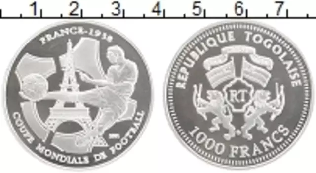 Монета 1000 франков Того 2001 года Серебро Чемпионат мира по футболу