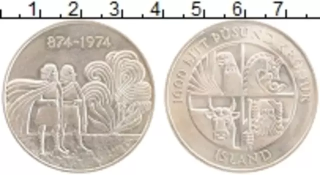 Монета 1000 крон Исландии 1974 года Серебро 1100 лет первому поселению