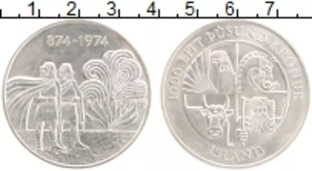 Монета 1000 крон Исландии 1974 года Серебро 1100 лет первому поселению