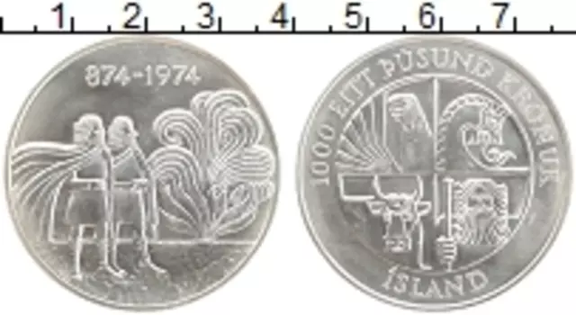 Монета 1000 крон Исландии 1974 года Серебро 1100 лет первому поселению