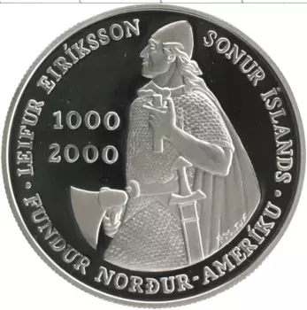 Монета 1000 крон Исландии 2000 года Серебро 1000-летие высадки Лейфа Эриксона в Америке