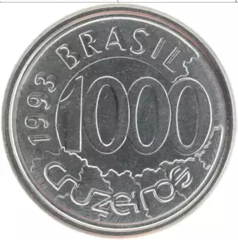 Монета 1000 крузейро Бразилии 1993 года Медно-никель